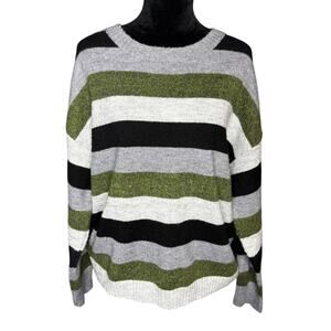 H Halston Women's sz Large Green Gray Black White Stripe Pullover Sweater LS